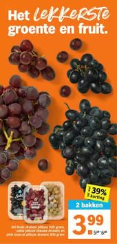AH Rode druiven pitloos 500 gram, sable pitloze blauwe druiven en pink muscat pitloze druiven 400 gram aanbieding bij Albert-heijn – geldig van 02.02.2026 t/m 07.02.2026