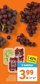 AH Rode druiven pitloos 500 gram, sweet crisp pitloze witte druiven 400 gram en cotton sweet pitloze rode druiven 400 gram aanbieding bij Albert-heijn – geldig van 09.02.2026 t/m 14.02.2026