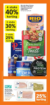 Alle John West, Princes, Fish Tales en Rio Mare (vegan) visconserven single-packs aanbieding bij Albert Heijn – geldig van 12.01.2026 t/m 18.01.2026