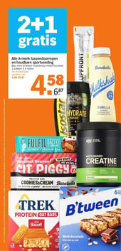 Alle A-merk tussendoorrepen en houdbare sportvoeding. Bijv. Hero B'tween mueslireep melkchocolade 3 pakken à 6 repen aanbieding bij Albert Heijn – geldig van 12.01.2026 t/m 18.01.2026
