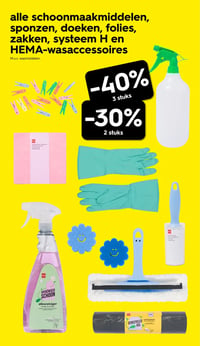 alle schoonmaakmiddelen, sponzen, doeken, folies, zakken, systeem H en HEMA-wasaccessoires aanbieding bij Hema – geldig van 01.06.2026 t/m 07.06.2026