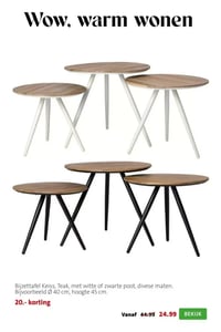 Bijzettafel Keiss, Teak, met witte of zwarte poot, diverse maten. Bijvoorbeeld Ø 40 cm, hoogte 45 cm. aanbieding bij Intratuin – geldig van 23.02.2026 t/m 01.03.2026