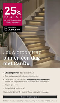 25% KORTING op alle traprenovatie, óók op maatwerk aanbieding bij Karwei – geldig van 07.04.2026 t/m 12.04.2026