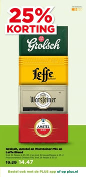 Grolsch, Amstel en Warsteiner Pils en Leffe Blond aanbieding bij Plus – geldig van 04.02.2026 t/m 10.02.2026