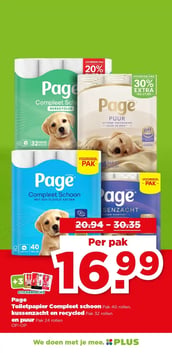 Page Toiletpapier Compleet schoon Pak 40 rollen, kussenzacht en recycled Pak 32 rollen en puur Pak 24 rollen aanbieding bij Plus – geldig van 11.03.2026 t/m 17.03.2026