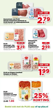 Boerentrots van PLUS Blonde d'Aquitaine Biefstuk en PLUS Herten- en wildzwijnbiefstuk aanbieding bij Plus – geldig van 25.02.2026 t/m 03.03.2026