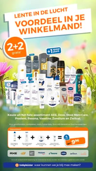Keuze uit het hele assortiment AXE, Dove, Dove Men+Care, Prodent, Rexona, Vaseline, Zendium en Zwitsal. aanbieding bij Trekpleister – geldig van 14.04.2026 t/m 19.04.2026